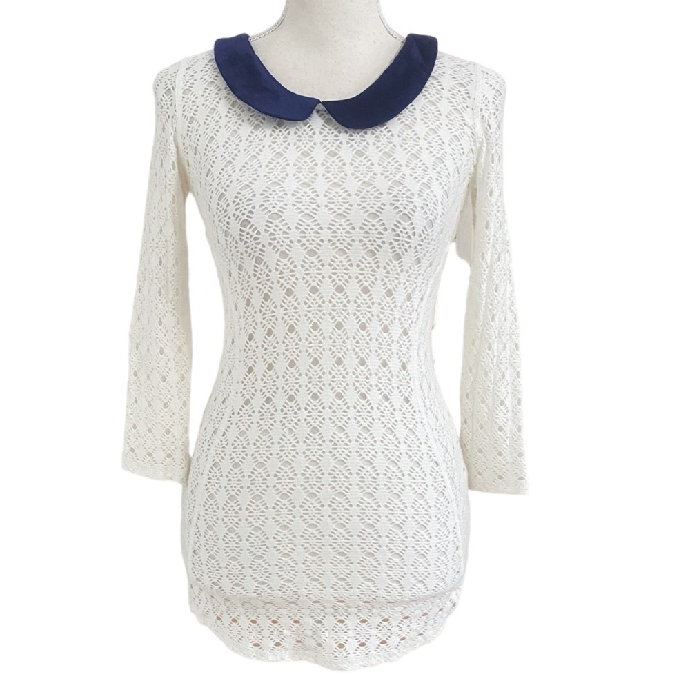 Smythe Cream Lace Long Sleeve Tee with Navy Peter Pan Collar